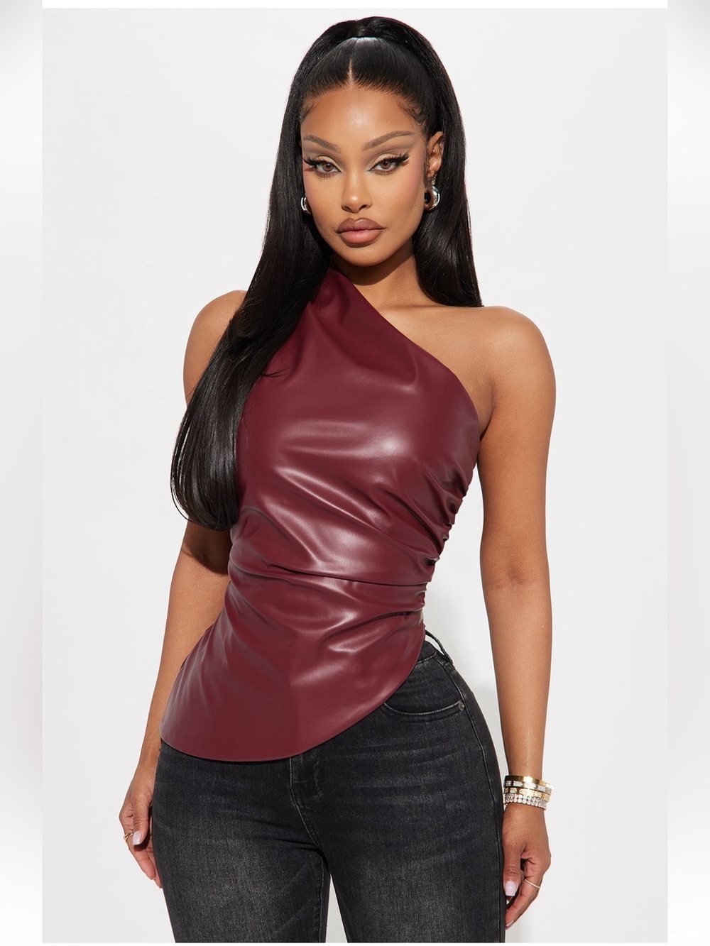 Fashion Nova Vespera Faux Leather One Shoulder Top - Burgundy